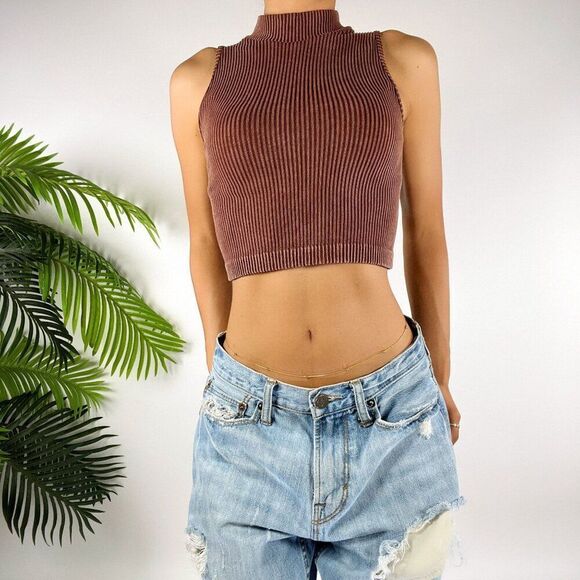 Vintage Y2K Brown Ribbed Indie Indie Sleeveless Turtleneck Cropped Tank Top / M - Picture 4 of 5